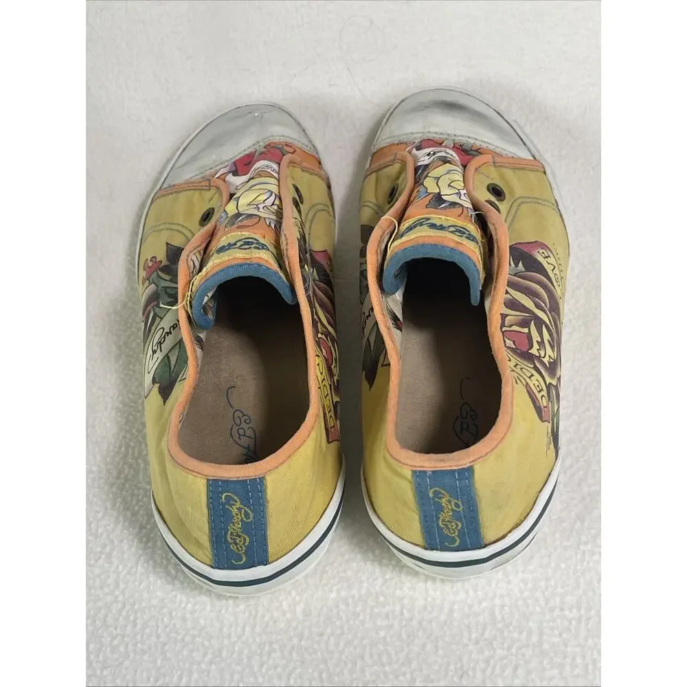 Y2K Ed Hardy Women’s Shoes Size 7 Yellow/ Orange With Metallic Style Cap Toe